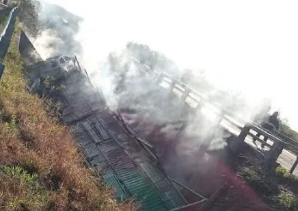 Un camión cayó de un puente, se prendió fuego y su conductor murió