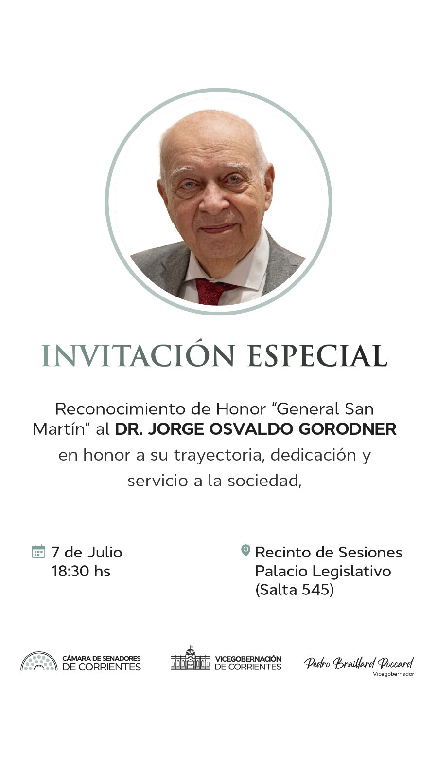 La Honorable Cámara de Senadores distinguirá al Dr. Jorge Gorodner con la distinción "Libertador General San Martín"