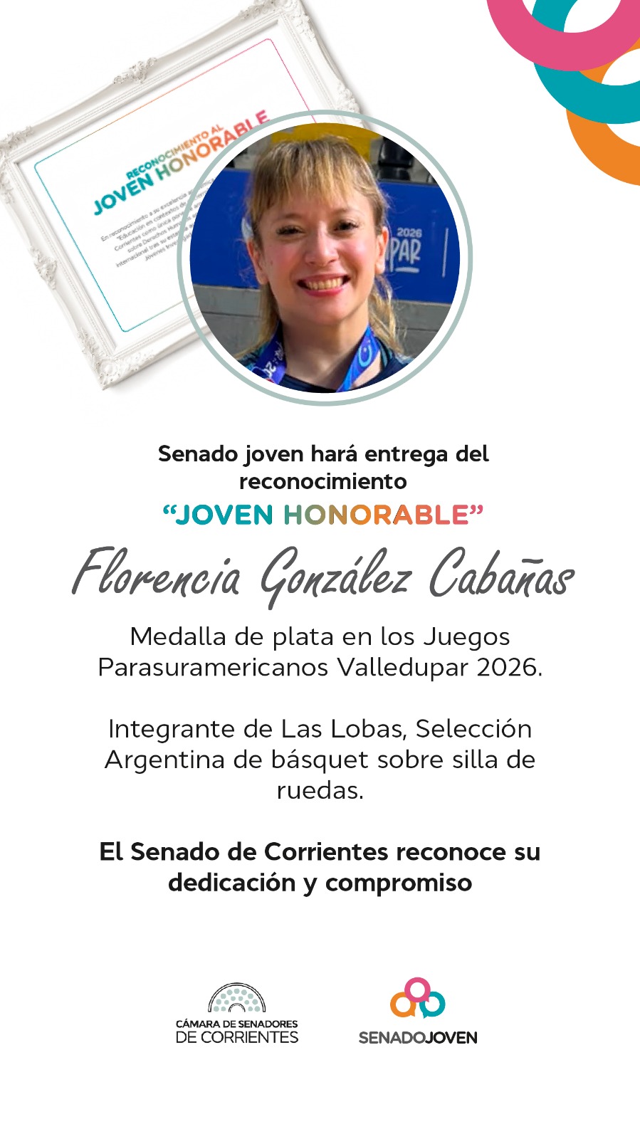 Florencia González Cabañas recibirá la distinción “Joven Honorable” por su trayectoria deportiva y profesional